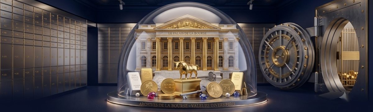 Salle des coffres : un palais de la Bourse miniature et un taureau doré sous une cloche de verre, devant une porte blindée