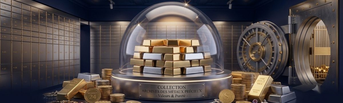 Salle des coffres : des lingots d'or et d'argent sous une cloche de verre