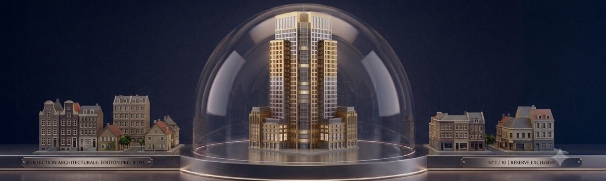Une tour d'immeubles miniature sous une cloche de verre, entourée de maisons de ville