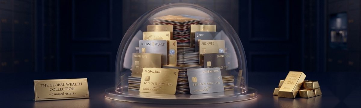 Salle des coffres : des cartes bancaires dorées et argentées sous une cloche de verre
