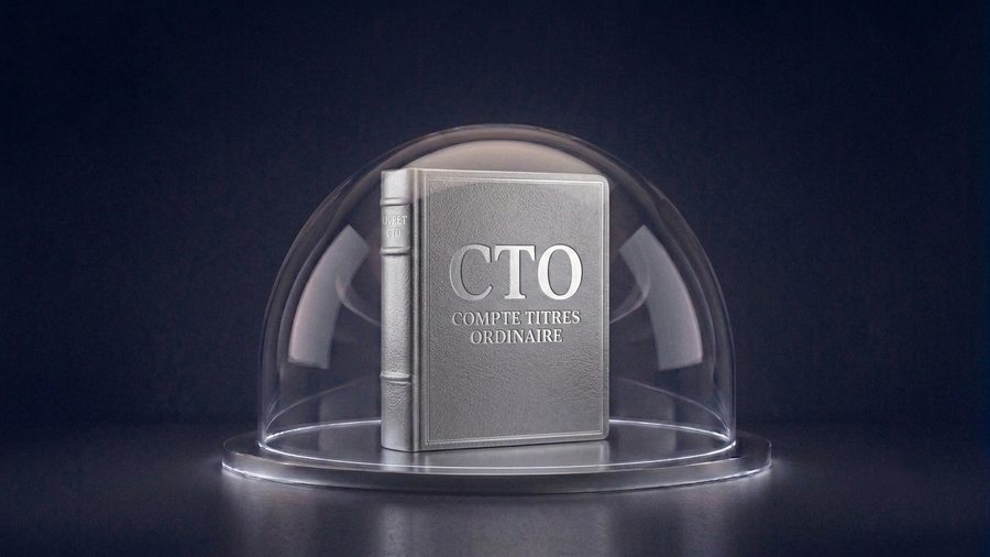 Un livre argenté marqué CTO sous une cloche de verre