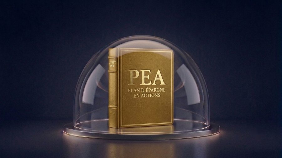 Un livre doré marqué PEA sous une cloche de verre