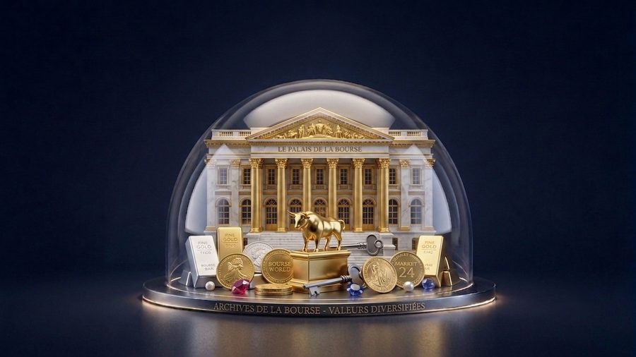 Un palais de la Bourse miniature sous une cloche de verre, entouré de pièces