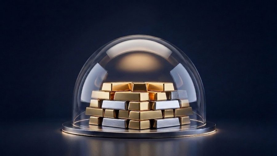 Des lingots d'or et d'argent protégés sous une cloche de verre